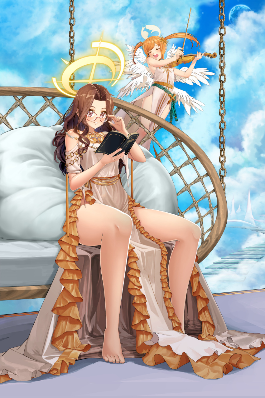 2girls absurdres angel angel_wings bare_legs bare_shoulders barefoot blue_sky book breasts brown_eyes brown_hair closed_eyes cloud couch curly_hair dress dungeon_and_fighter feathered_wings female_crusader_(dungeon_and_fighter) female_priest_(dungeon_and_fighter) full_body glasses halo heaven highres holding holding_book long_hair looking_at_viewer multiple_girls on_couch open_mouth pillow reading sitting sky sleeveless sleeveless_dress smile twintails white_dress white_wings wings yuhito_(vlack1492)