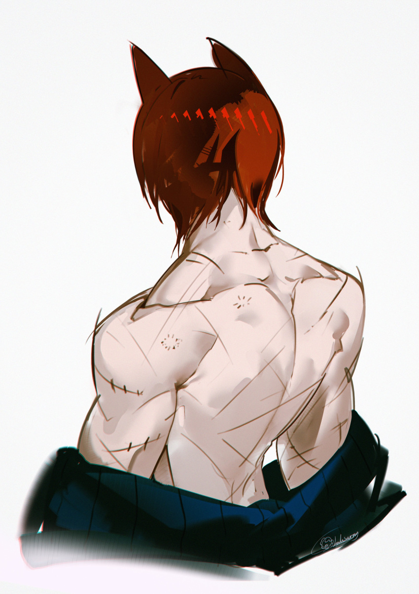 1boy absurdres aged_down animal_ears back back_muscles bare_shoulders commentary cropped_torso from_behind highres league_of_legends male_focus mylilmooncake red_hair scar scar_on_arm scar_on_back scars_all_over sett_(league_of_legends) shoulder_blades simple_background solo topless_male unworn_clothes upper_body white_background