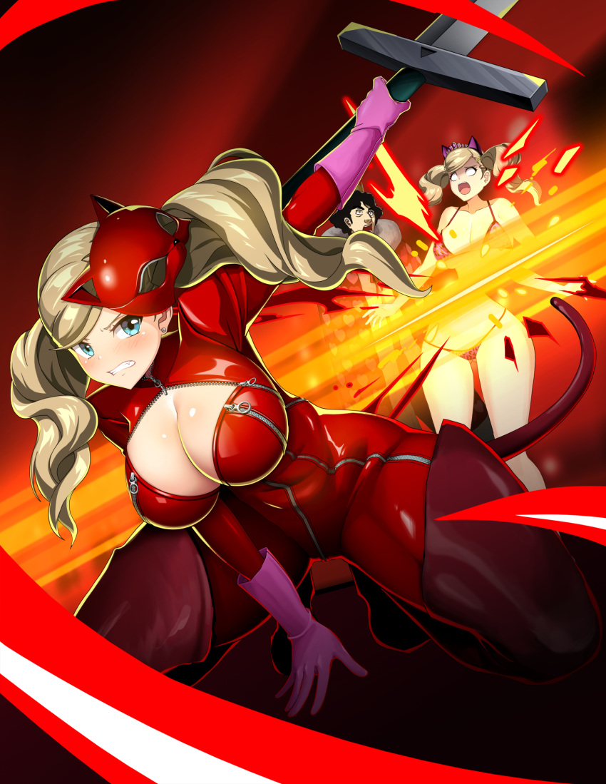 1boy 2girls blonde_hair blue_eyes bodysuit breasts cat_mask cleavage clothing_cutout earrings gloves highres jewelry kamoshida_suguru large_breasts long_hair mask multiple_girls persona persona_5 persona_5_the_royal pink_gloves red_background red_bodysuit shadow_(persona) slashing squatting sword tail takamaki_anne twintails weapon whip yuhito_(vlack1492)