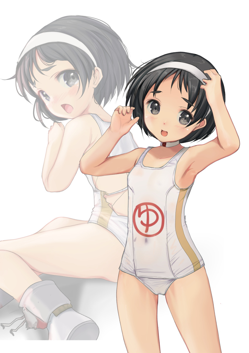 absurdres ass black_hair brown_eyes cowboy_shot damaged female from_behind hairband highres kantai_collection looking_at_viewer looking_back maru-yu_(kancolle) multiple_views one-piece_swimsuit school_swimsuit short_hair sitting smile standing swimsuit thick_eyebrows torn_clothes torn_swimsuit white_footwear white_hairband white_one-piece_swimsuit yashin_(yasinz) yokozuwari zoom_layer