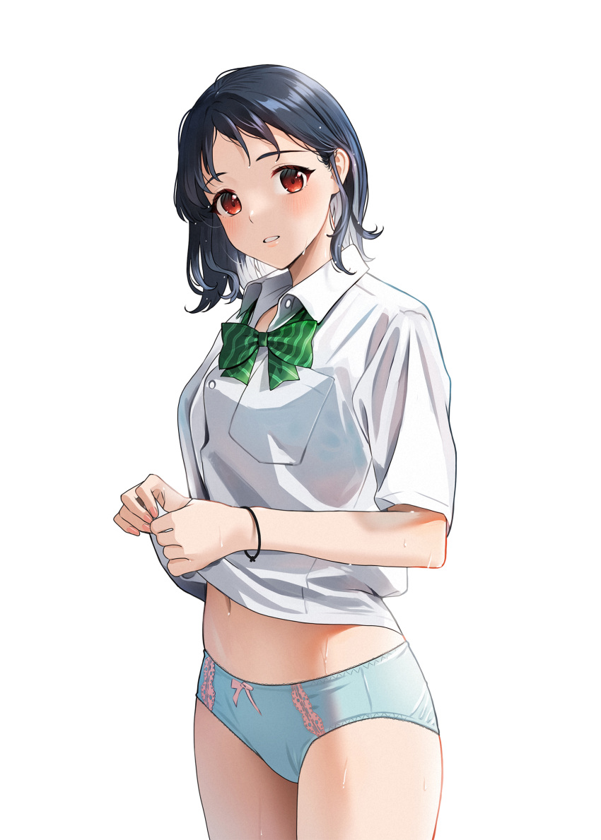 absurdres black_hair blue_panties bow bowtie bra_visible_through_clothes breast_pocket collared_shirt doushimasho dress_shirt female green_bow green_bowtie highres no_pants original panties pocket red_eyes school_uniform shirt short_hair simple_background solo underwear wet wet_clothes white_background white_shirt