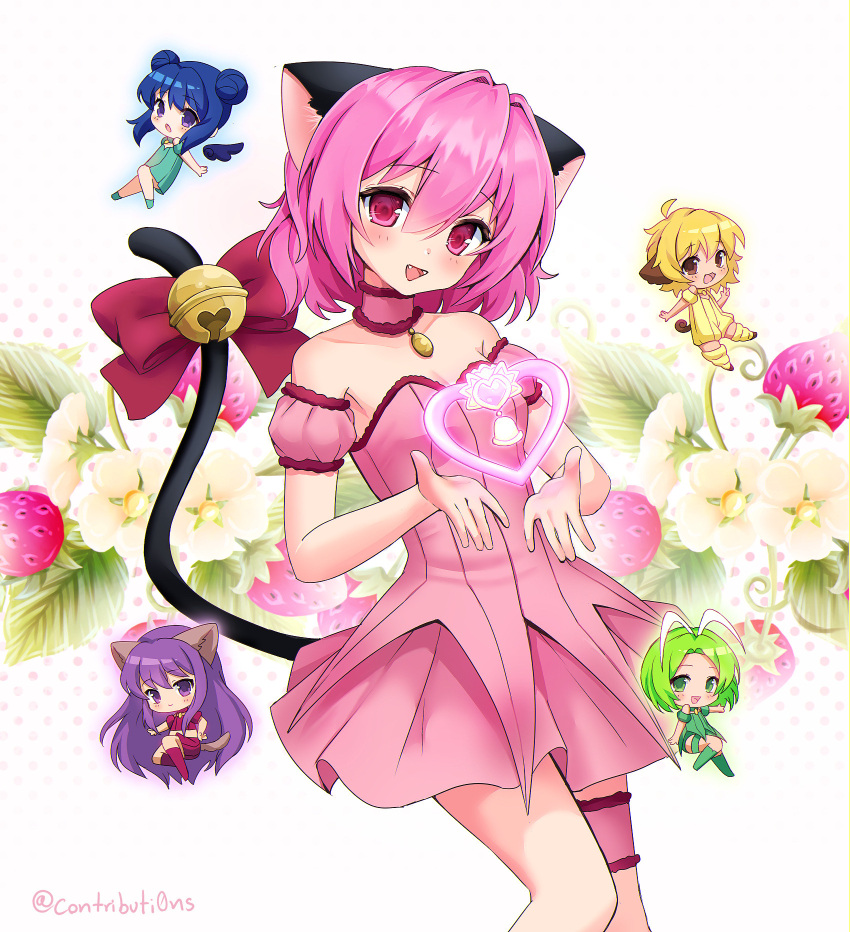 2000s_(style) 5girls aizawa_mint animal_ears bell bow breasts cat_ears cat_girl cat_tail chibi choker clip_studio_paint_(medium) contributi0ns detached_sleeves dress fong_pudding food fruit fujiwara_zakuro highres jingle_bell magical_girl mew_ichigo mew_lettuce mew_mint mew_pudding mew_zakuro midorikawa_lettuce mini_person minigirl momomiya_ichigo multiple_girls open_mouth pink_choker pink_eyes pink_hair puffy_detached_sleeves puffy_sleeves short_hair smile solo_focus standing strawbell_bell strawberry tail tail_bell tail_bow tail_ornament tokyo_mew_mew tumblr_username