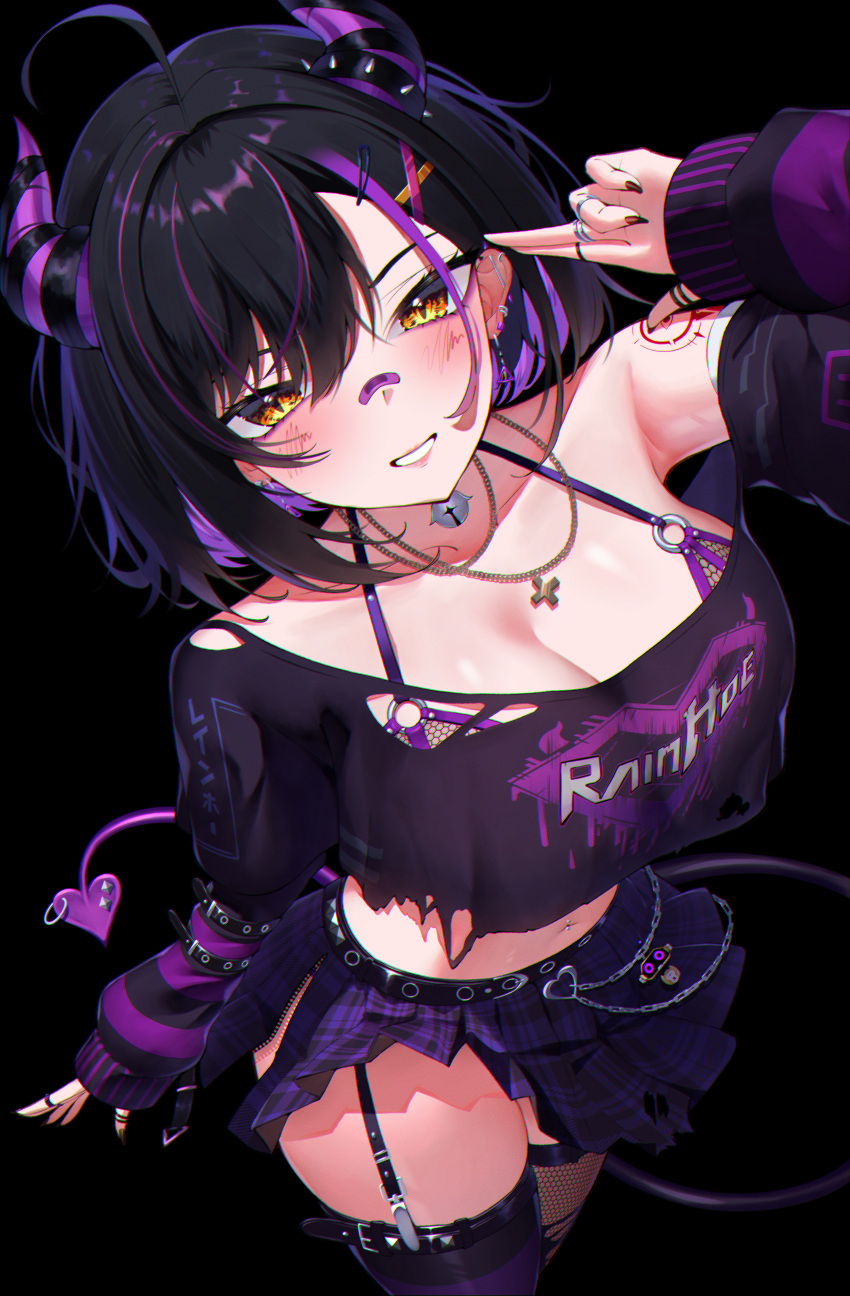 absurdres ahoge bandaid bandaid_on_face bandaid_on_nose black_background black_hair black_shirt blush breasts chains cleavage clothes_writing cowboy_shot crop_top crop_top_overhang female goth_fashion grin highres himeliofon horns indie_virtual_youtuber large_breasts long_sleeves looking_at_viewer midriff miniskirt navel plaid_clothes plaid_skirt pleated_skirt purple_skirt rainhoe shirt short_hair simple_background skirt smile solo standing stomach thighhighs thighs yellow_eyes