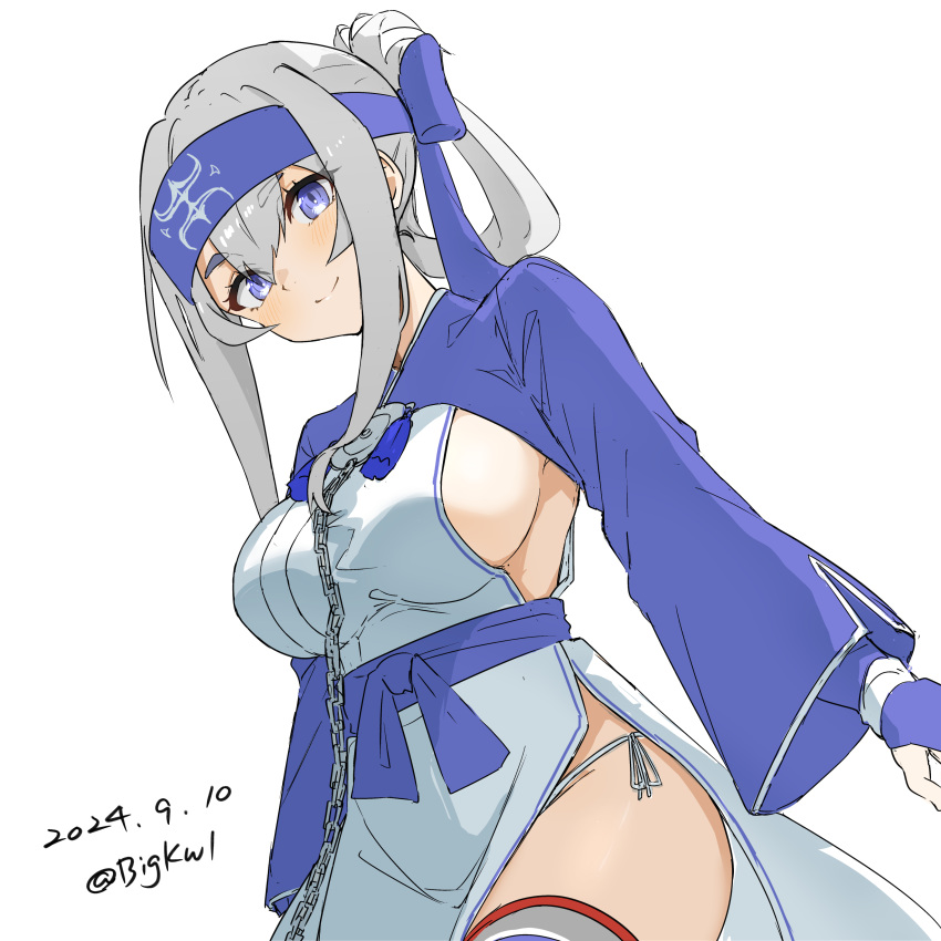 absurdres ainu_clothes bandana bigkwl blue_eyes blue_headband breasts cropped_jacket dated female folded_ponytail fundoshi hair_between_eyes headband highres japanese_clothes kamoi_(kancolle) kantai_collection large_breasts leg_wrap long_hair long_sleeves looking_at_viewer one-hour_drawing_challenge pelvic_curtain sideboob simple_background smile solo thick_eyebrows thighhighs twitter_username white_hair wrist_guards