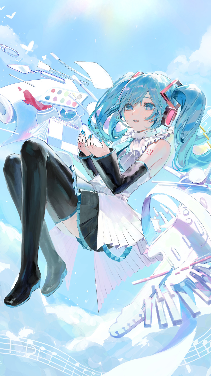 absurdres aqua_necktie arm_tattoo birthday black_footwear black_skirt black_sleeves blue_eyes blue_hair blue_nails blue_sky boots commentary detached_sleeves female flying_paper frilled_shirt_collar frilled_skirt frills full_body hatsune_miku hatsune_miku_happy_16th_birthday_-dear_creators- headphones highres kani_samurai light_blush long_sleeves looking_ahead musical_note necktie notebook number_tattoo paint_can palette_(object) palette_knife paper parted_lips pleated_skirt shirt skirt sky sleeveless sleeveless_shirt solo staff_(music) swept_bangs tattoo thigh_boots twintails vocaloid white_shirt