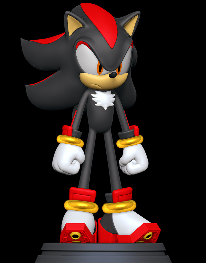 3d_(artwork) 3d_modeling 3d_print angry anthro black_body clothing digital_media_(artwork) eulipotyphlan fist footwear fur gloves handwear hedgehog hi_res looking_straight male mammal multicolored_body orange_eyes ring sega shadow_the_hedgehog shoes sillytoys simple_background solo sonic_the_hedgehog_(series) stage standing