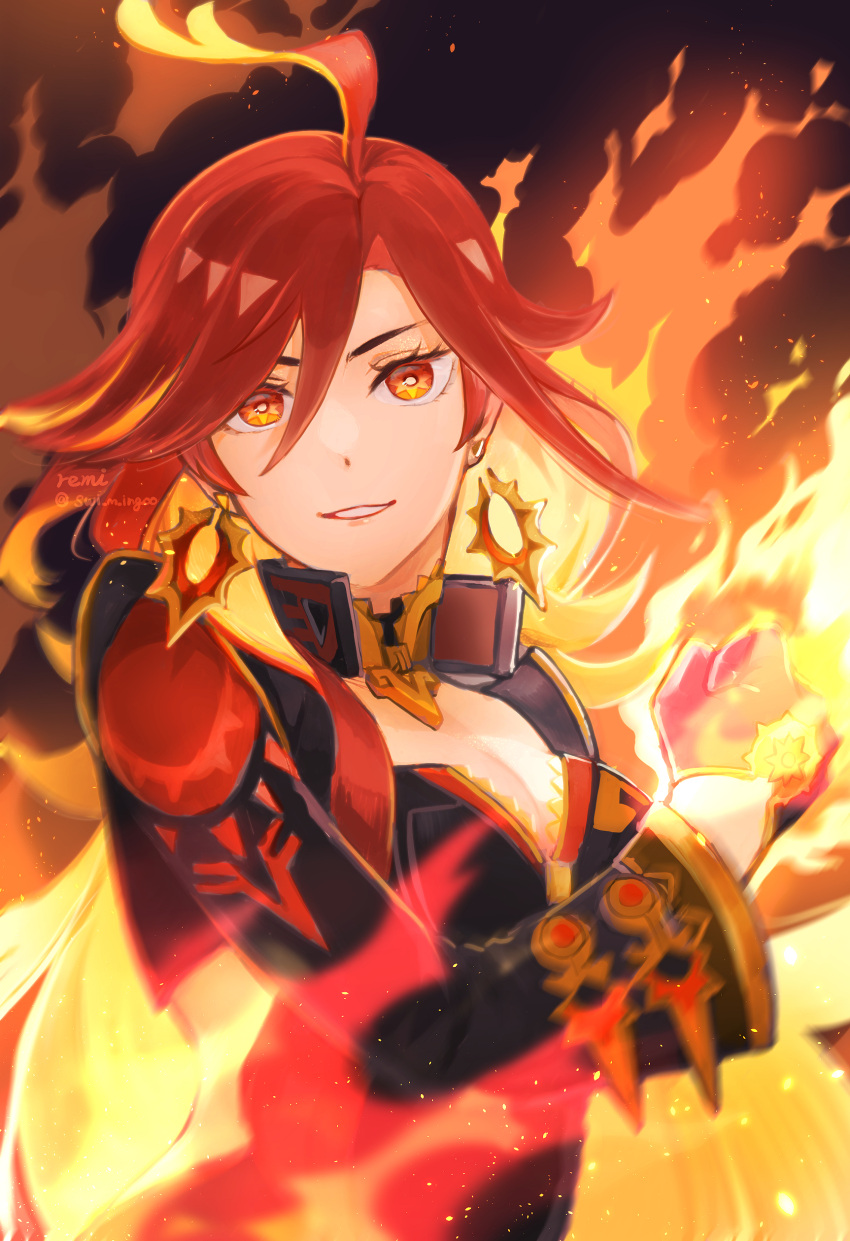 absurdres ahoge breasts clenched_hand earrings female fire flaming_hand genshin_impact highres jewelry long_hair looking_at_viewer mavuika_(genshin_impact) multicolored_hair open_mouth orange_eyes orange_hair pyrokinesis red_hair rem_sleep smile solo two-tone_hair very_long_hair