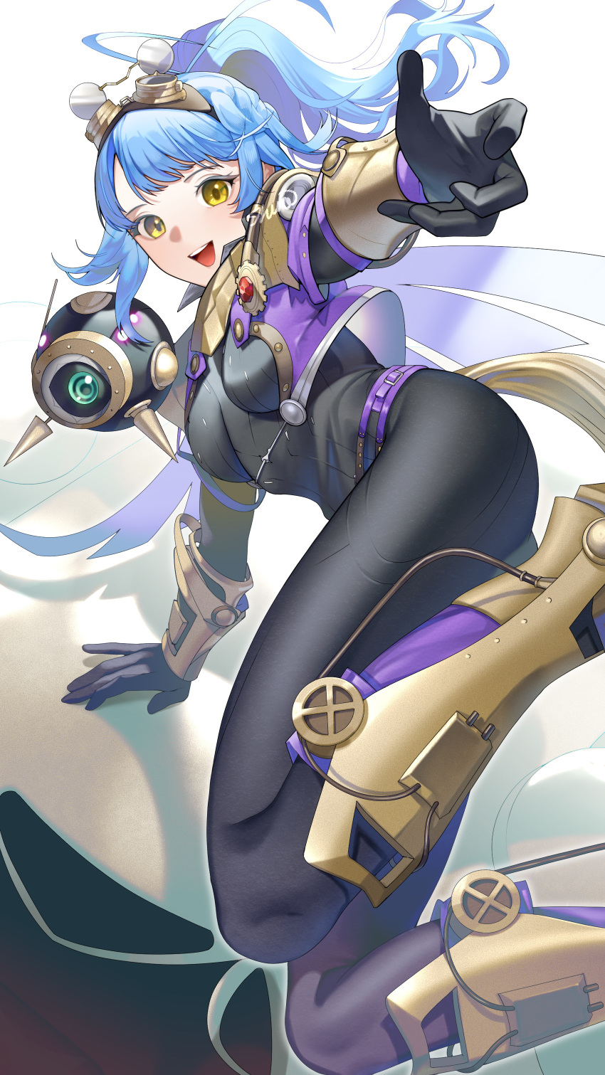 absurdres blue_hair bodysuit drone female fire_emblem fire_emblem_heroes goggles goggles_on_head highres ikura_(downdexp) looking_at_viewer official_alternate_costume open_mouth ponytail reginn_(dvergr_heir)_(fire_emblem) reginn_(fire_emblem) robot skin_tight smile solo teeth upper_teeth_only