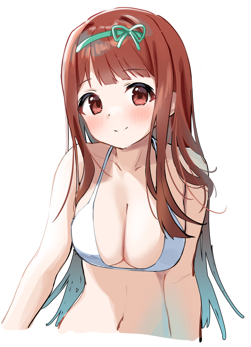 absurdres bare_arms bare_shoulders bikini blush breasts brown_eyes brown_hair chobi_(penguin_paradise) cleavage closed_mouth collarbone commentary cropped_torso female green_hairband hairband halterneck highres idolmaster idolmaster_million_live! long_hair medium_breasts simple_background smile solo swimsuit tanaka_kotoha upper_body very_long_hair white_background white_bikini