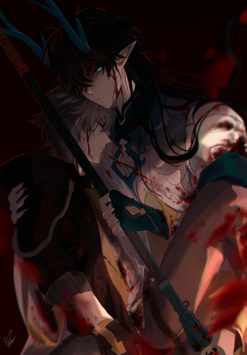 2boys absurdres aqua_eyes black_background black_coat black_gloves black_hair blood blood_on_clothes blood_on_face blood_on_weapon blue_gloves caelus_(honkai:_star_rail) carrying chinese_clothes claws closed_eyes closed_mouth clothing_cutout coat dan_heng_(honkai:_star_rail) dan_heng_(imbibitor_lunae)_(honkai:_star_rail) dragon_boy dragon_horns eyeshadow fennec_artsss fingerless_gloves gloves grey_hair grey_pants hair_between_eyes hair_over_one_eye hand_up highres holding holding_polearm holding_weapon honkai:_star_rail honkai_(series) hood hooded_coat horns injury long_hair looking_at_viewer makeup male_focus mandarin_collar multiple_boys official_alternate_costume official_alternate_hairstyle open_clothes open_coat pants pointy_ears polearm princess_carry protecting red_eyeshadow shirt short_hair signature simple_background single_glove spear standing t-shirt teeth trailblazer_(honkai:_star_rail) weapon white_shirt yaoi