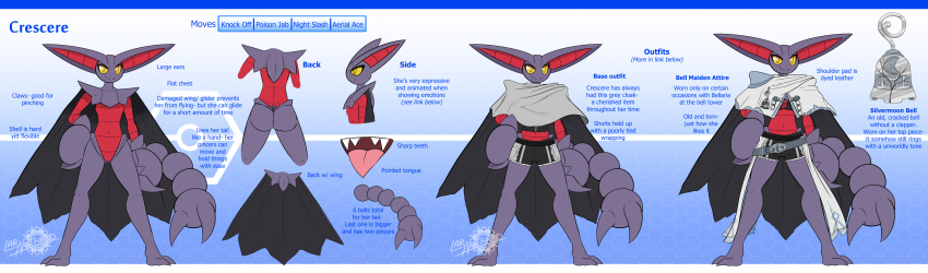 2019 absurd_res anthro artist_name ass bell big_ears blue_text bottomwear claws cloak closed_smile clothed clothing costume crescere digital_media_(artwork) female flat_chested front_view generation_4_pokemon gliscor grey_cloak grey_clothing hi_res latiar model_sheet mouth_closed nintendo nude open_mouth pincers pokemon pokemon_(species) pokemorph rear_view sharp_teeth shorts side_view smile solo standing tail teeth text tongue tongue_out yellow_eyes