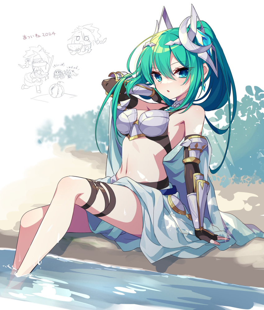 armor artemis_(p&d) bikini_armor elbow_gloves female gauntlets gloves green_eyes green_hair headpiece highres kozakura_(dictionary) lake navel ponytail puzzle_&_dragons sitting solo suikawari thigh_strap vajrayaksa_(p&d)