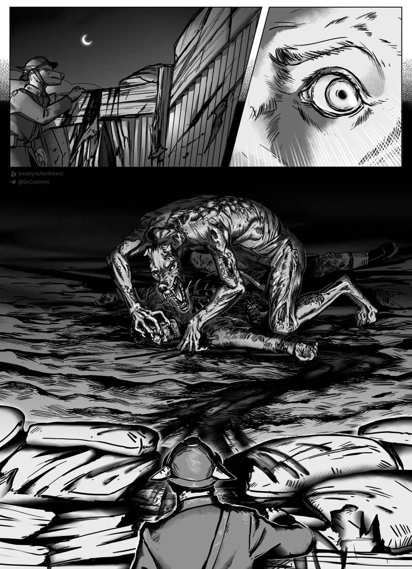 ambiguous_gender anthro armor black_white blood bodily_fluids body_horror bone canid canine canis clothing coat comic death digital_media_(artwork) dismemberment domestic_dog duo gore headgear helmet hi_res macabre male mammal military monochrome monster moon night sandbag shocked skull soldier techiesxc topwear trench trenchcoat warrior