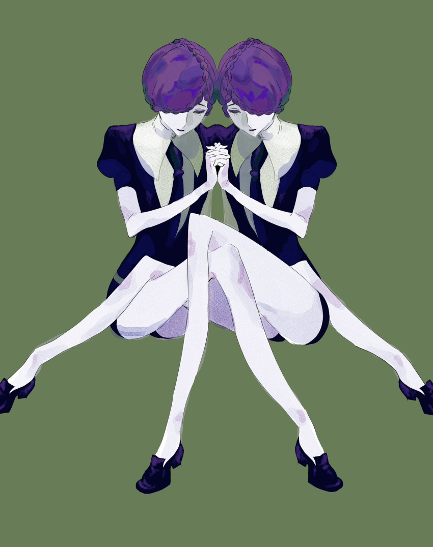 2others amethyst_(houseki_no_kuni) black_footwear black_jacket black_necktie black_shorts braid closed_eyes gem_uniform_(houseki_no_kuni) green_background hair_over_one_eye highres holding_hands houseki_no_kuni interlocked_fingers jacket mirror_twins multiple_others necktie niani_x_x puffy_short_sleeves puffy_sleeves purple_hair shirt short_hair short_shorts short_sleeves shorts siblings simple_background sitting white_shirt