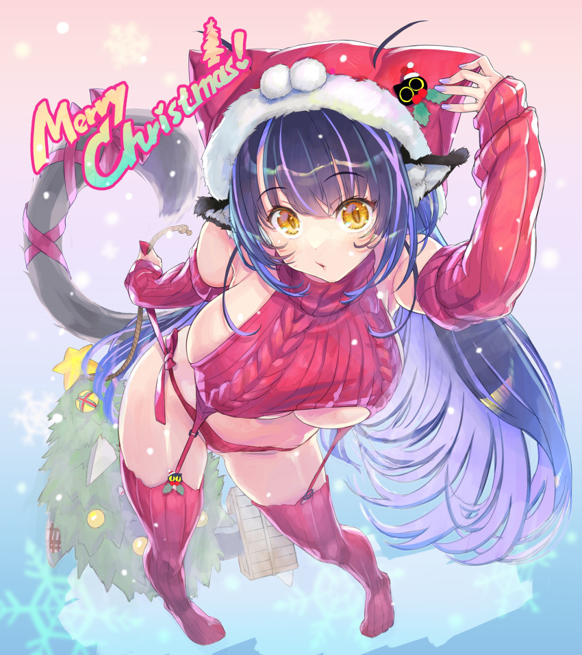 :o absurdres animal_ears breasts cat_ears cat_girl cat_tail christmas_tree cleavage detached_sleeves female garter_straps hat highres holding holding_hat holding_unworn_clothes indie_virtual_youtuber kiyama_satoshi kuroike_momimi large_breasts long_hair looking_at_viewer meme_attire merry_christmas nail_polish panties purple_hair purple_nails red_panties red_thighhighs santa_hat sideboob snowflakes snowing solo tail thighhighs underwear virgin_destroyer_sweater virtual_youtuber yellow_eyes