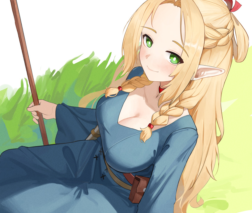 absurdres blonde_hair blue_dress braid breasts choker cleavage dress dungeon_meshi elf female green_eyes hair_around_ear hair_ribbon happy05x highres holding large_breasts long_hair long_sleeves looking_at_viewer marcille_donato multiple_braids pointy_ears red_choker red_ribbon ribbon smile staff