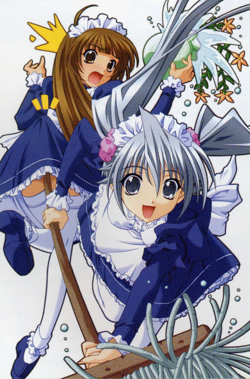 2girls alternate_costume apron back_bow blue_dress blue_footwear blue_sleeves bow brown_eyes brown_hair buttons cleaning clothes_lift dress dress_lift dropping enmaided facing_viewer fingernails flower flower_pot from_behind full_body grey_eyes grey_hair hair_between_eyes hair_ornament hair_scrunchie half_updo high_ponytail highres holding holding_mop juliet_sleeves kusatsu_minori leaf leg_up long_hair long_sleeves looking_ahead looking_back maid maid_apron maid_headdress moire mop multiple_girls my_merry_may_be official_art official_style open_mouth petticoat ponytail puffy_sleeves reu_(my_merry_may_be) scan scrunchie surprised thighhighs third-party_source tongue twintails very_long_hair water water_drop white_apron white_background white_bow white_headdress white_petticoat white_thighhighs yellow_flower