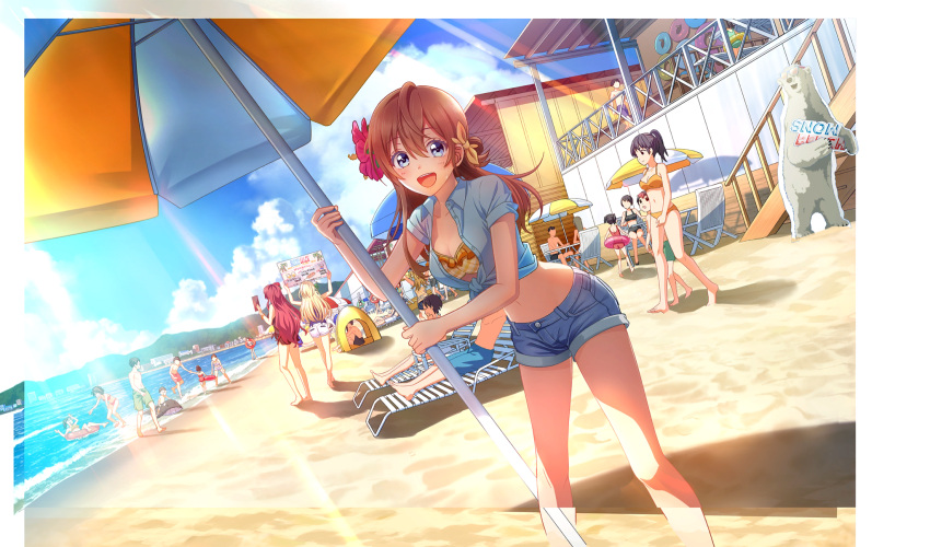 :d arihara_tsubasa beach beach_chair beach_umbrella bikini bikini_over_clothes blue_eyes blue_shirt blue_shorts bow brown_hair cinderella_series crowd dutch_angle flower frilled_bikini_top game_cg hachigatsu_no_cinderella_nine hair_between_eyes hair_flower hair_ornament hairbow highres holding holding_umbrella honjo_chikage light_rays long_hair looking_at_viewer navel non-web_source nozaki_yuuki ocean official_art open_mouth outdoors people red_flower shirt short_sleeves shorts smile solo_focus sunbeam sunlight swimsuit teeth umbrella upper_teeth_only yellow_bikini yellow_bow