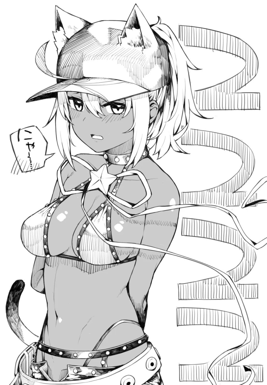 ahoge animal_ears artoria_pendragon_(fate) bare_shoulders baseball_cap bb_(fate) bb_(swimsuit_mooncancer)_(fate) bb_(swimsuit_mooncancer)_(fate)_(cosplay) bb_(swimsuit_mooncancer)_(second_ascension)_(fate) belt blush breasts cat_ears cat_tail cleavage cosplay dark-skinned_female dark_skin fate/grand_order fate_(series) female greyscale hai_ookami hat highres large_breasts long_hair looking_at_viewer monochrome mysterious_heroine_xx_(fate) navel neck_ribbon open_mouth ponytail ribbon shorts sidelocks solo tail tan