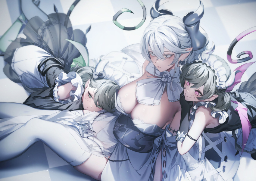 3girls apron arianna_the_labrynth_servant arianne_the_labrynth_servant black_gloves black_hair blush breasts closed_mouth demon_girl demon_horns demon_wings duel_monster elbow_gloves from_above genyaky gloves grey_eyes highres horns large_breasts looking_at_viewer lovely_labrynth_of_the_silver_castle maid maid_headdress multiple_girls pointy_ears purple_eyes signature sitting smile tail thighhighs thighs white_apron white_hair white_thighhighs wings yu-gi-oh!