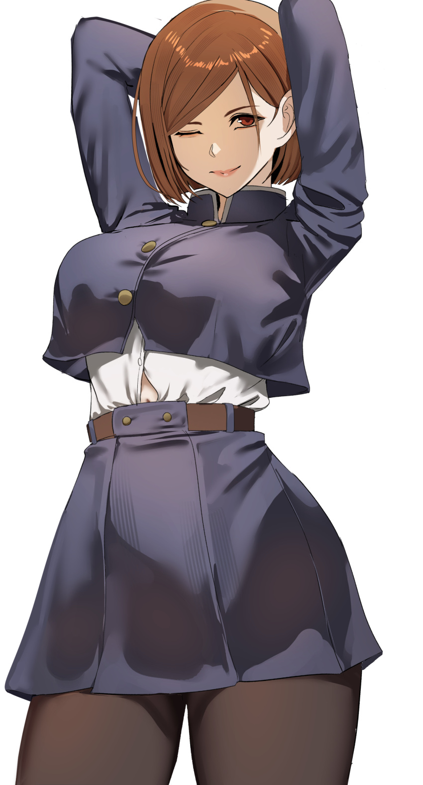 absurdres arms_behind_head arms_up belt blue_jacket blue_skirt blush breasts brown_belt brown_eyes brown_hair brown_pantyhose ekuskarma female high_collar highres jacket jujutsu_kaisen jujutsu_tech_uniform kugisaki_nobara large_breasts long_sleeves looking_at_viewer navel one_eye_closed pantyhose school_uniform shirt short_hair simple_background skirt smile solo white_background white_shirt