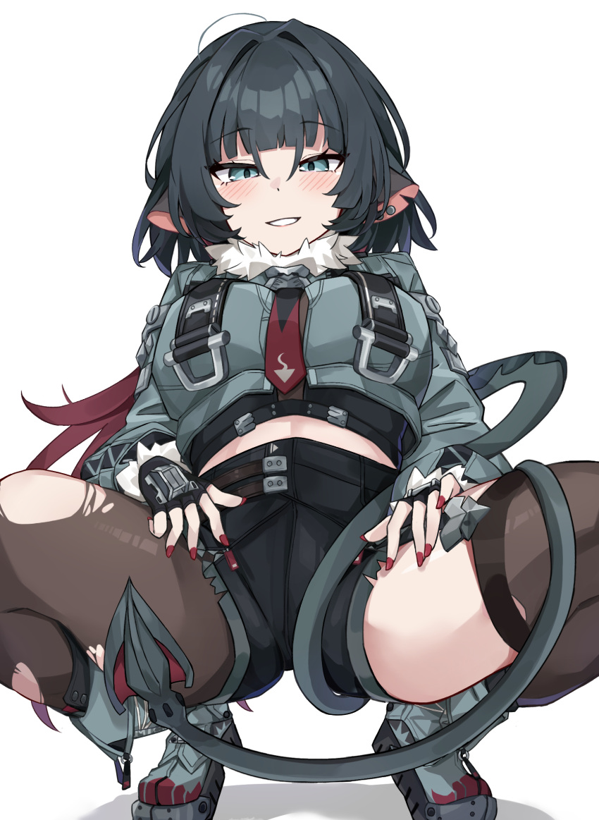 animal_ears antique_firearm black_hair black_shorts blunderbuss blunt_bangs blush boots brown_pantyhose brown_thighhighs female fingernails full_body fur-trimmed_jacket fur_trim green_jacket grey_footwear gun high-waist_shorts highres jacket jane_doe_(zenless_zone_zero) kurogane_vipers long_hair looking_at_viewer mouse_ears mouse_girl mouse_tail multicolored_hair pantyhose parted_lips red_hair red_nails shorts sidelocks simple_background single_leg_pantyhose single_thighhigh smile solo tail thighhighs torn_clothes torn_pantyhose torn_thighhighs two-tone_hair weapon white_background zenless_zone_zero