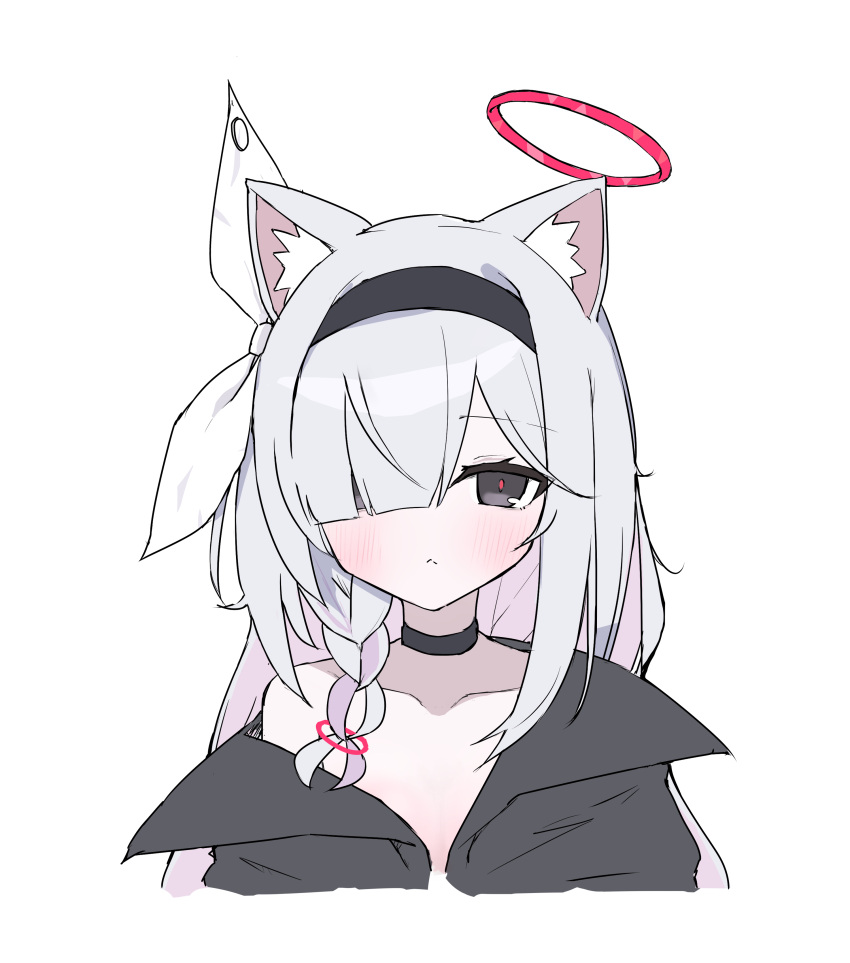 absurdres animal_ear_fluff animal_ears black_choker black_eyes black_hairband blue_archive blush braid cat_ears choker coat commentary hair_over_one_eye hairband halo highres naked_coat plana_(blue_archive) pueichigo red_halo red_pupils simple_background single_braid white_background white_hair