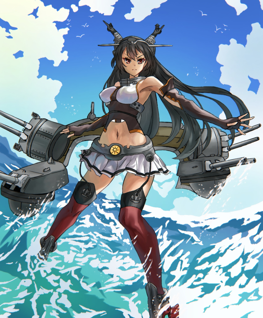 black_hair blue_sky breasts cannon day elbow_gloves female fingerless_gloves gloves hair_between_eyes headgear highres kantai_collection large_breasts long_hair miniskirt nagato_(kancolle) navel ocean outdoors pleated_skirt red_eyes red_thighhighs rigging sakana_u_u skirt sky solo standing standing_on_liquid thighhighs turret very_long_hair white_skirt