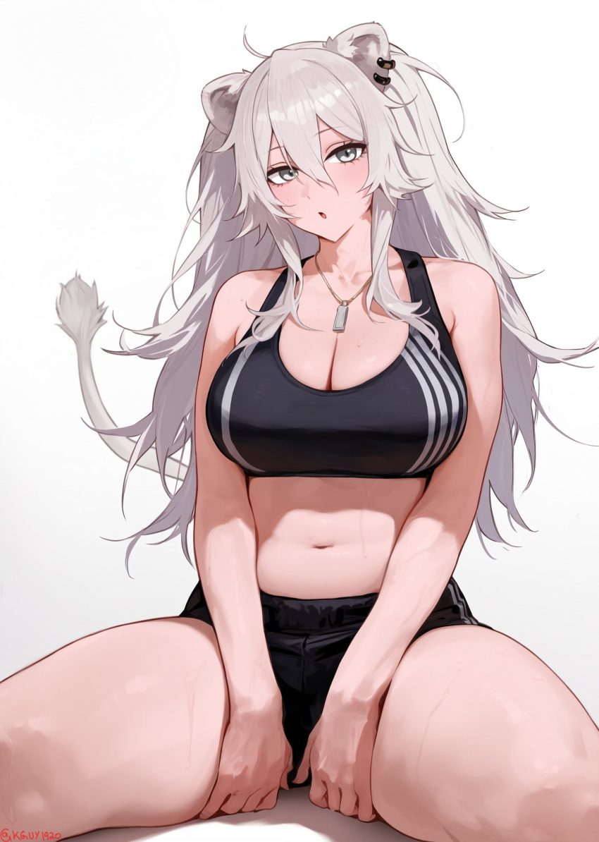 animal_ears breasts earrings female grey_eyes grey_hair highres holofive hololive jewelry kguy1920 lion_ears lion_girl lion_tail long_hair looking_at_viewer necklace shishiro_botan solo sports_bra striped_sports_bra tail vertical-striped_sports_bra virtual_youtuber