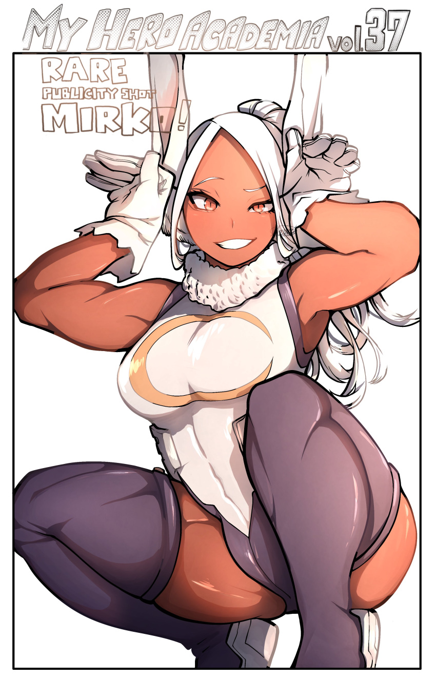 absurdres animal_ears bare_shoulders boku_no_hero_academia breasts character_name colorized crescent_print dark-skinned_female dark_skin english_commentary english_text female fur_collar gloves grin highleg highleg_leotard highres horikoshi_kouhei large_breasts leotard long_eyelashes long_hair looking_at_viewer mirko parted_bangs ponytail purple_thighhighs rabbit_ears rabbit_girl rabbit_pose raised_eyebrow red_eyes second-party_source sleeveless_turtleneck_leotard smile solo squatting taut_leotard thick_thighs thighhighs thighs toned_female uneven_eyes ureazure white_background white_gloves white_hair white_leotard