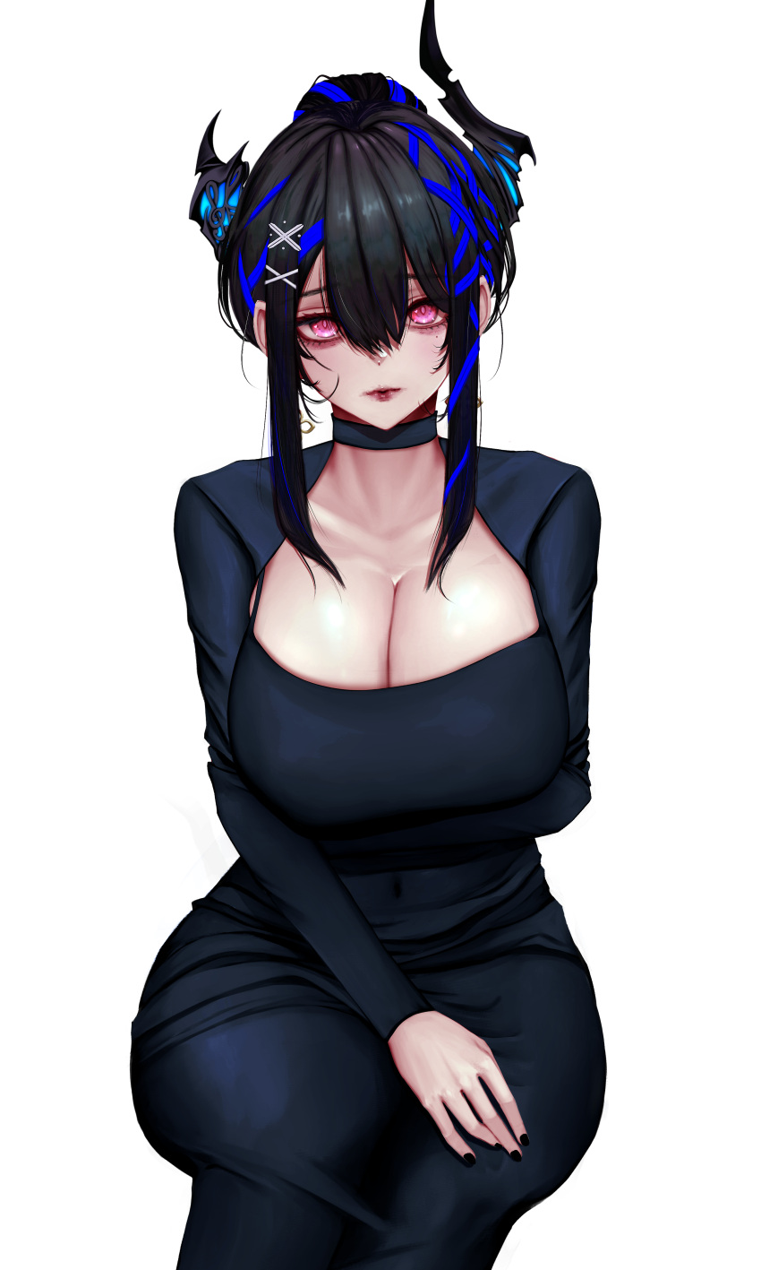 absurdres asymmetrical_horns black_dress black_hair black_horns black_nails blue_choker blue_hair breasts choker cleavage collarbone dongtan_dress dress expressionless female hair_between_eyes hair_bun hair_ornament hairclip highres hololive hololive_english horns large_breasts lipgloss long_sleeves looking_at_viewer meme_attire multicolored_hair musical_note nail_polish nerissa_ravencroft red_eyes red_lips short_hair sidelocks simple_background single_hair_bun sitting soju_ice solo streaked_hair taut_clothes taut_dress thighs uneven_horns virtual_youtuber white_background