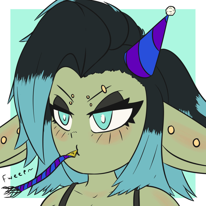 1:1 2021 absurd_res black_hair blue_eyes blue_highlights bust_portrait clothing digital_drawing_(artwork) digital_media_(artwork) ear_piercing eyebrow_piercing eyelashes eyeshadow facial_piercing female female_humanoid gentlemannco goblin green_body green_ears green_face green_skin hair hat headgear headwear hi_res highlights_(coloring) humanoid humanoid_pointy_ears leora_(kibix1) makeup narrowed_eyes not_furry party_hat party_horn piercing portrait simple_background solo