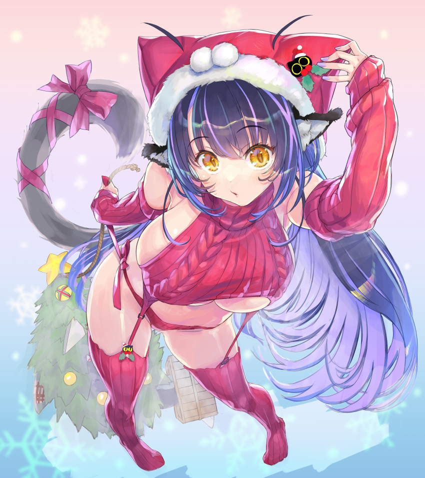 :o absurdres animal_ears bow bowtie breasts cat_ears cat_girl cat_tail christmas_tree cleavage detached_sleeves female garter_straps hat highres holding holding_hat holding_unworn_clothes indie_virtual_youtuber kiyama_satoshi kuroike_momimi large_breasts long_hair looking_at_viewer meme_attire nail_polish panties purple_hair purple_nails red_bow red_bowtie red_panties red_thighhighs santa_hat sideboob snowflakes solo tail textless_version thighhighs underwear virgin_destroyer_sweater virtual_youtuber yellow_eyes