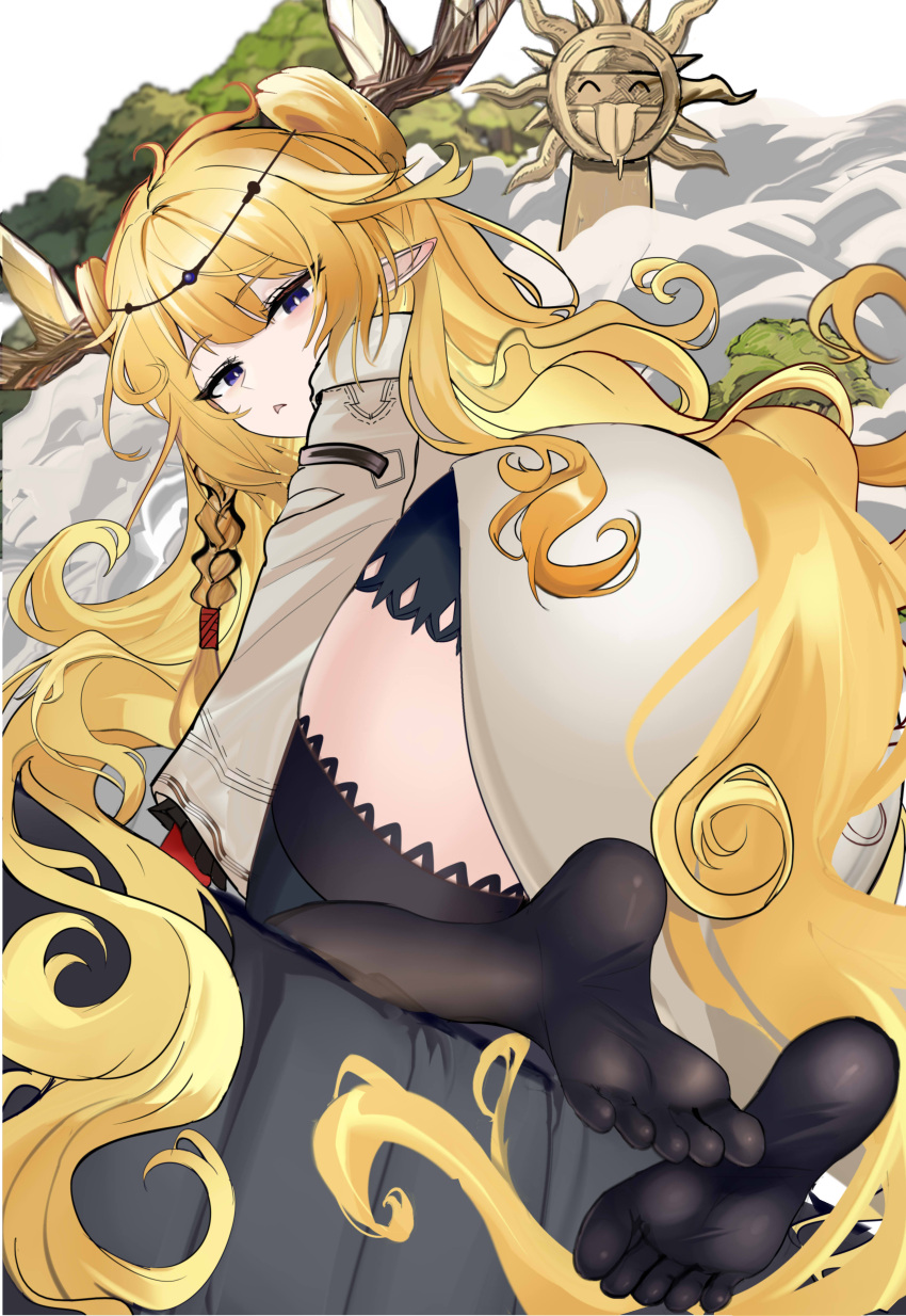 absurdres arknights ass black_thighhighs blonde_hair female highres horns leizi_(arknights) leizi_(the_archivist_and_her_pilgrimage)_(arknights) long_hair long_sleeves looking_at_viewer looking_back mikuning official_alternate_costume pointy_ears purple_eyes solo thighhighs