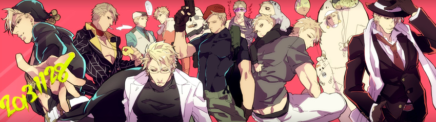 1boy alternate_costume bad_id bad_pixiv_id balloon barnaby_brooks_jr. barnaby_brooks_jr._(cosplay) blonde_hair cosplay crossover grey_hair hat highres jack_krauser jack_krauser_(cosplay) jojo_no_kimyou_na_bouken kaburagi_t._kotetsu kaburagi_t._kotetsu_(cosplay) leon_s._kennedy leon_s._kennedy_(cosplay) mad369 male_focus melone melone_(cosplay) metallica_(stand) multiple_persona parody prosciutto prosciutto_(cosplay) resident_evil resident_evil_4 risotto_nero stand_(jojo) tiger_&_bunny