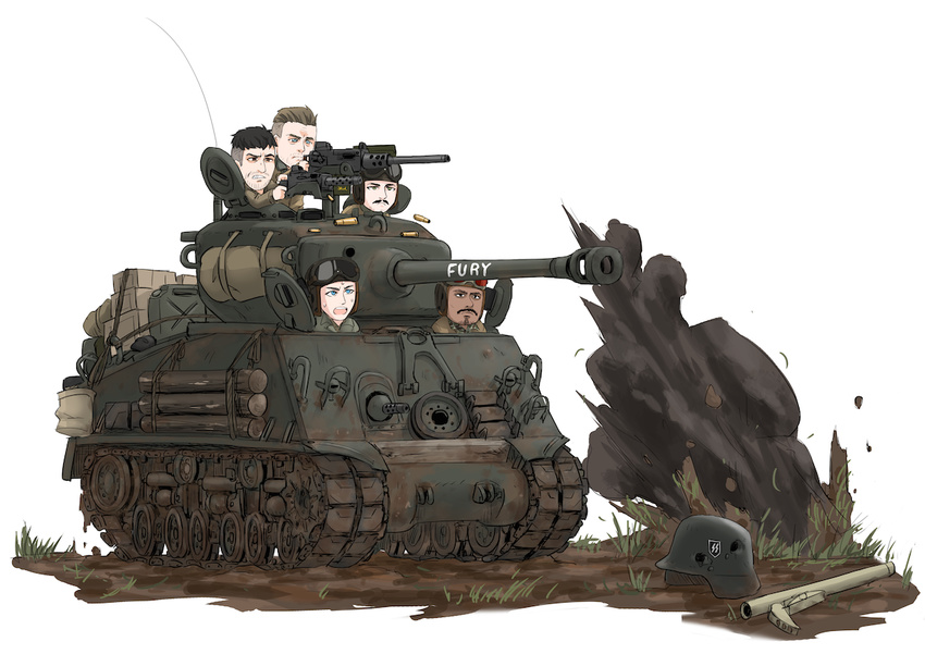 5boys bad_id bad_pixiv_id boyd_swan chibi commentary dakku_(ogitsune) dark-skinned_male dark_skin dirty don_collier explosion facial_hair fury_(movie) goatee goggles goggles_on_headwear grady_travis grimace helmet m4_sherman military military_vehicle motor_vehicle moustache mud multiple_boys norman_ellison open_mouth panzerfaust shell_casing sweatdrop tank trini_garcia white_background world_war_ii