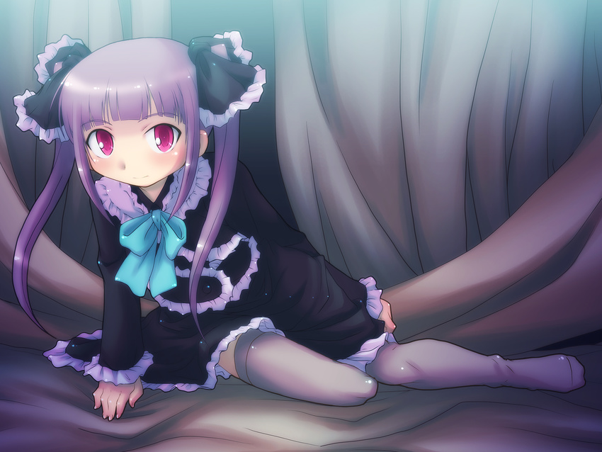 absurdres blush bones_(company) character_request darker_than_black feet female gothic_lolita her_step_1.0 highres lolicon lolita_fashion long_hair lying no_shoes pink_eyes purple_hair ribbon sitting smile solo thighhighs twintails yoshi_(crossmind)