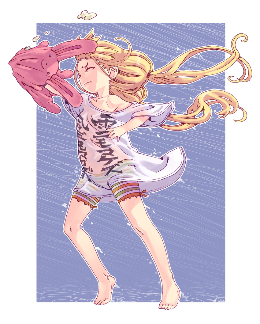 barefoot bike_shorts blonde_hair closed_eyes clothes_writing collarbone commentary_request dress female futaba_anzu highres honzawa_yuuichirou idolmaster idolmaster_cinderella_girls long_hair low_twintails no_bra off_shoulder photoshop_(medium) rain see-through shirt solo storm stuffed_animal stuffed_rabbit stuffed_toy t-shirt twintails very_long_hair wet wet_clothes wet_dress white_dress wind