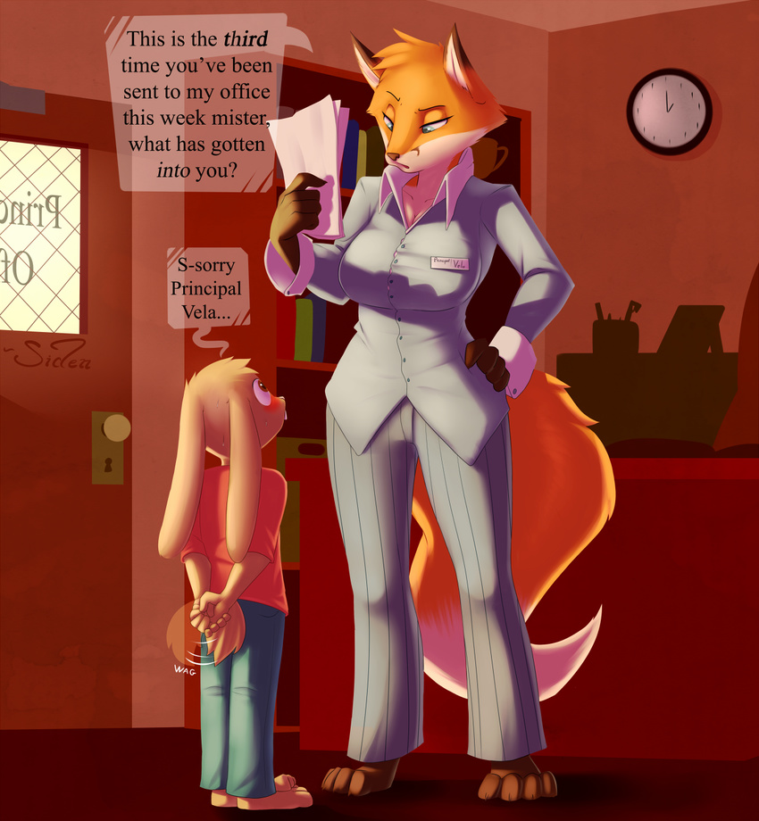 age_difference anthro barefoot blush bodily_fluids breasts brown_eyes buckteeth canid canine claws digital_media_(artwork) duo english_text feet female fox green_eyes hi_res infatuation lagomorph larger_anthro larger_female leg_markings leporid male mammal markings older_female paws principal rabbit school shaded size_difference smaller_anthro smaller_male socks_(marking) student sweat tail tail_motion tailwag teacher teacher_and_student teeth text toe_claws toes vela_(kagekitsoon) wick_(artist) young young_anthro younger_male