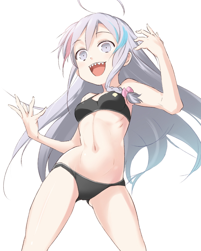 ahoge bikini black_bikini braid commentary_request female grey_eyes grey_hair hair_ribbon highres hoshi_syoko idolmaster idolmaster_cinderella_girls kiyu_rei long_hair looking_at_viewer navel open_mouth partial_commentary ribbon sharp_teeth side_braid simple_background single_braid smile solo swimsuit teeth very_long_hair wide-eyed