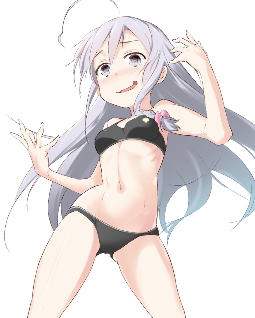 ahoge bikini black_bikini blush braid commentary_request female grey_eyes grey_hair hair_ribbon highres hoshi_syoko idolmaster idolmaster_cinderella_girls kiyu_rei long_hair looking_at_viewer navel open_mouth partial_commentary ribbon side_braid simple_background single_braid smile solo swimsuit very_long_hair