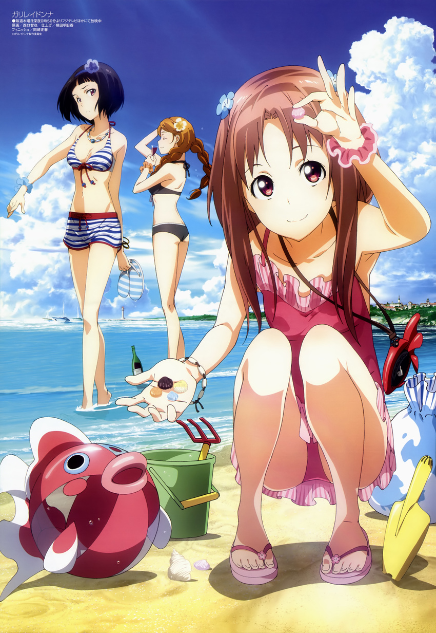 3girls absurdres beach bikini bikini_shorts black_hair braid breasts brown_hair cleavage closed_eyes cloud day drink feet flower galilei_donna hair_flower hair_ornament hazuki_ferrari highres holding holding_shoes hozuki_ferrari kazuki_ferrari legs long_hair medium_breasts megami_magazine multiple_girls nishiguchi_tomoya non-web_source ocean official_art outdoors purple_eyes red_eyes sandals scan shoes short_hair shorts sky squatting striped_bikini striped_clothes swimsuit twin_braids twintails wading water