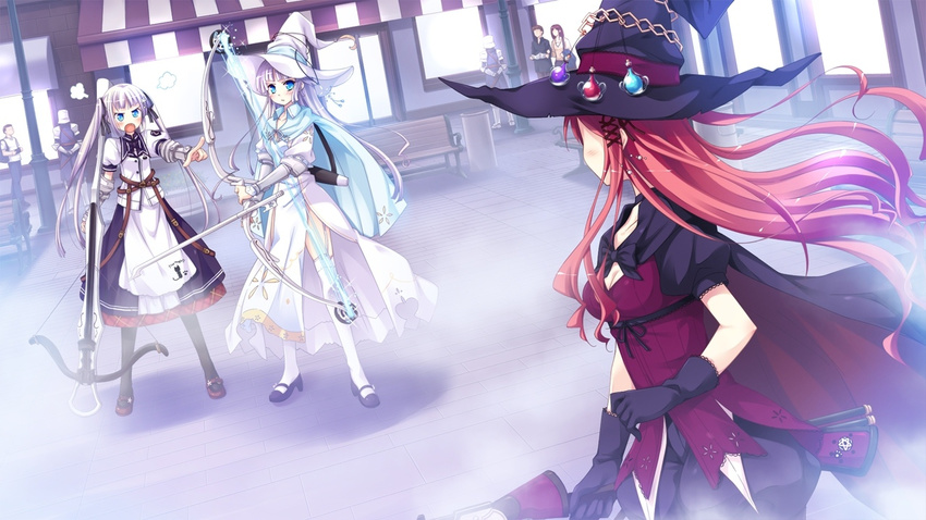 3girls blue_eyes cape game_cg gloves hat hinomiya_ayari ko~cha long_hair multiple_girls red_hair very_long_hair weapon witch's_garden witch_hat yukimura_akeno yukimura_suzuno