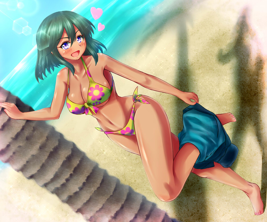 :d barefoot beach bikini breasts commentary_request dark-skinned_female dark_skin female floral_print front-tie_top green_hair heart idolmaster idolmaster_cinderella_girls large_breasts natalia_(idolmaster) open_mouth print_bikini purple_eyes short_hair side-tie_bikini_bottom smile solo standing standing_on_one_leg stir255 swimsuit underboob undressing