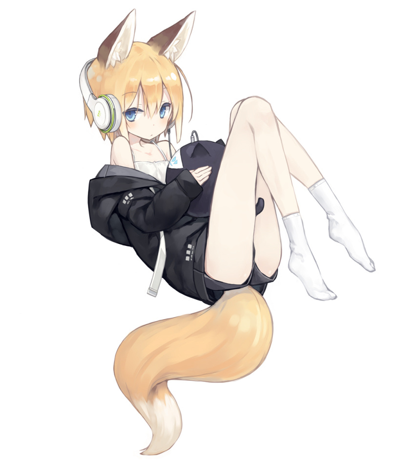 :< animal_ear_fluff animal_ears ass bare_shoulders blonde_hair blue_eyes blush cable commentary female fox_ears fox_tail full_body headphones highres holding jacket knees_up kuroino_(poco) long_sleeves looking_at_viewer lying no_shoes off_shoulder on_back original poco_(asahi_age) shiratama_kitsune short_hair shorts simple_background socks solo tail white_background white_socks