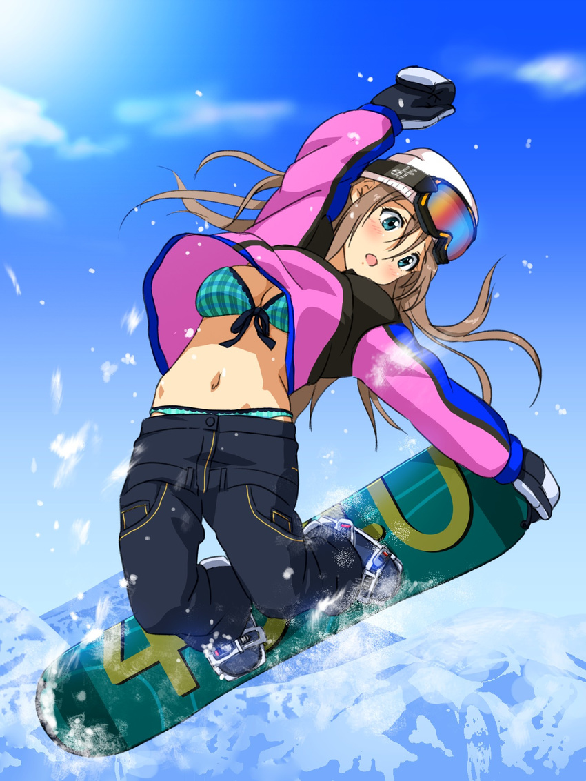 :o blue_eyes blush bra breasts brown_hair cleavage coat commentary_request female gloves goggles goggles_on_head hat highres medium_breasts navel original panties pants sanshita snow snowboard snowboarding solo underwear upshirt