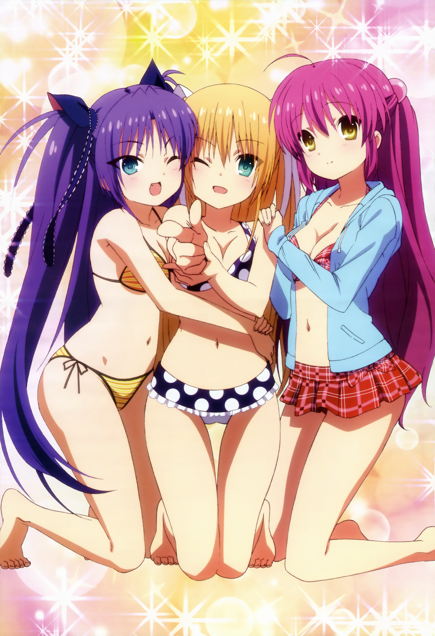 3girls ;d absurdres ahoge barefoot bikini bikini_skirt bikini_under_clothes blonde_hair blue_eyes blush breasts cleavage finger_gun futaki_kanata girl_sandwich green_eyes hair_bobbles hair_ornament half_updo highres hood hoodie kneeling little_busters! long_hair multiple_girls navel nyantype oerba_yun_fang official_art one_eye_closed open_clothes open_hoodie open_mouth pink_hair plaid plaid_bikini pointing polka_dot polka_dot_bikini polka_dot_swimsuit purple_hair red_bikini sakamoto_tetsuya sandwiched sasasegawa_sasami scan side-tie_bikini_bottom smile sparkle string_bikini striped_bikini striped_clothes swimsuit thigh_gap tokido_saya tsurime two_side_up very_long_hair yellow_eyes