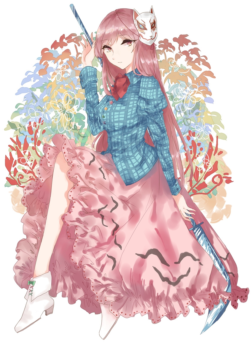 absurdres adapted_costume ankle_boots bad_id bad_pixiv_id boots canothy expressionless floral_background fox_mask frilled_skirt frills full_body hata_no_kokoro highres knees_up long_hair long_sleeves looking_at_viewer mask naginata pink_eyes pink_hair plaid plaid_shirt polearm ribbon shirt sitting skirt solo touhou very_long_hair weapon white_background