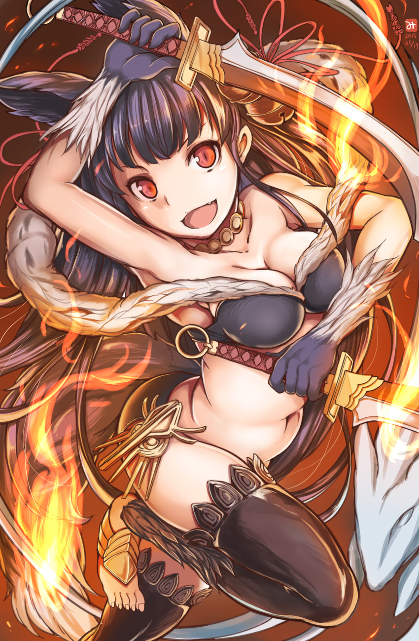 animal_ears bad_id bad_pixiv_id barefoot black_hair breasts cleavage dual_wielding erune female granblue_fantasy highres holding long_hair medium_breasts miotama oerba_yun_fang red_eyes solo sword thighhighs weapon yuel_(granblue_fantasy)