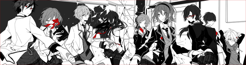 4girls 5boys a-no a-ya_(shuuen_no_shiori) akina422 arm_behind_back arms_behind_head b-ka b-ko_(shuuen_no_shiori) bad_id bad_pixiv_id bandages blazer book border boxcutter breasts broken_glass broken_window buttons c-na c-ta chalkboard closed_mouth collared_shirt covered_eyes crack curious d-ne d-suke_(shuuen_no_shiori) double-breasted drawstring dripping e-ki empty_eyes everyone floating_hair flower from_behind frown glass glasses greyscale hair_between_eyes hair_over_eyes hair_over_shoulder hair_ribbon hairband hand_in_pocket hand_on_own_face highres holding holding_book hood hood_down hoodie indoors jacket lapels long_hair long_sleeves looking_at_viewer looking_back looking_to_the_side loose_necktie messy_hair miniskirt monochrome multiple_boys multiple_girls necktie notched_lapels one_eye_covered open_book open_clothes open_collar open_jacket outstretched_arms outstretched_hand over-rim_eyewear pants pantyhose parted_lips plaid plaid_pants plaid_skirt pleated_skirt pocket profile red-framed_eyewear red_border red_eyes red_flower red_ribbon ribbon school_uniform semi-rimless_eyewear shards shirt short_hair shuuen_no_shiori_project skirt smile spot_color striped_clothes sweater sweater_vest upper_body v-neck vertical-striped_clothes vertical-striped_necktie very_long_hair window worried